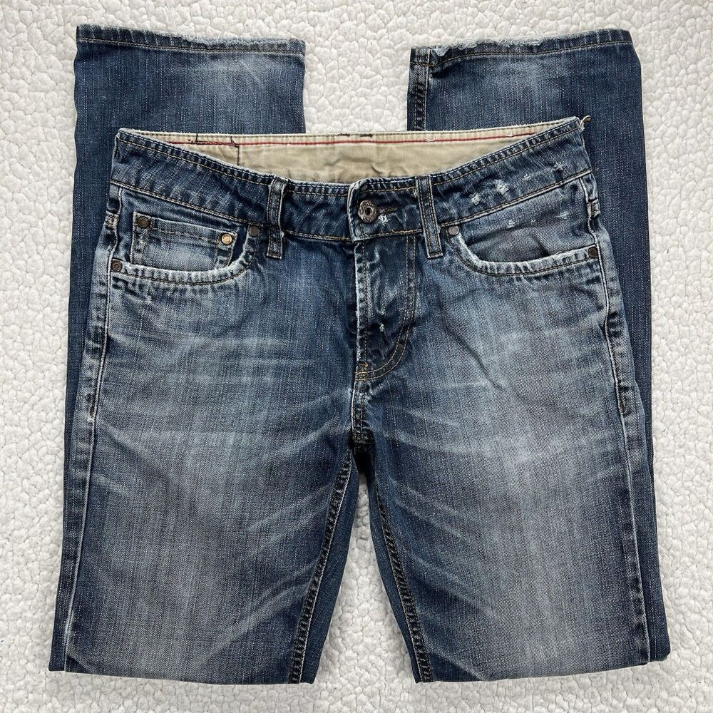 ZARA Jeans Men’s 31x32‎ Blue Distressed Denim Whiskering Skull Patch Grunge Punk